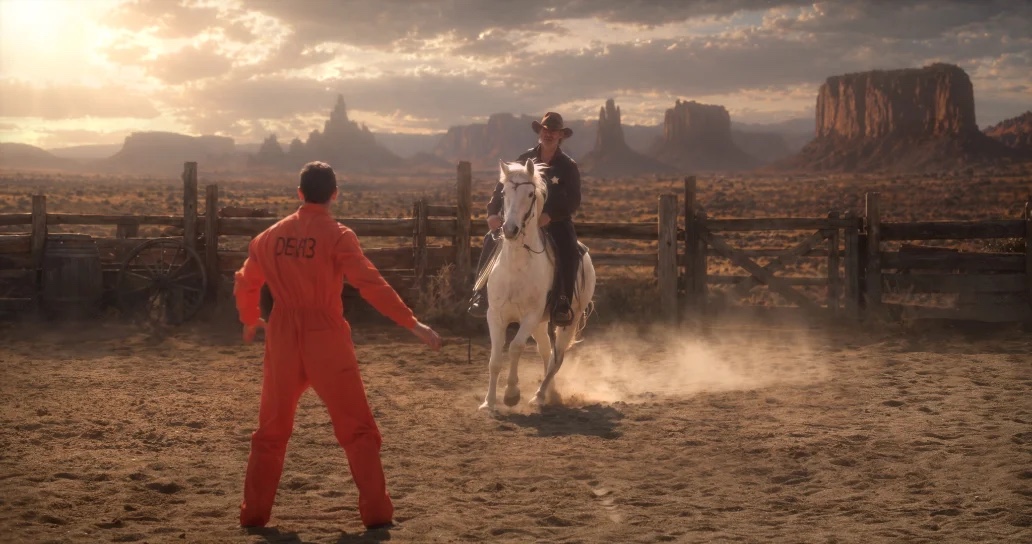 Cowboy on horseback in a desert environment, from the digital matte painting example in the talk.